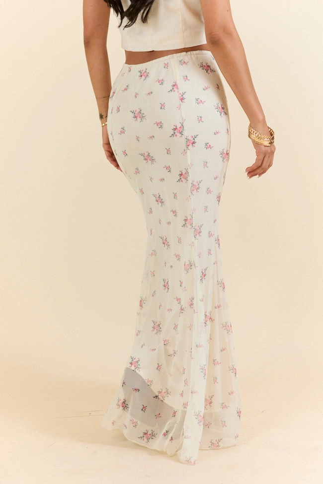 Floral Echo Ivory and Pink Knit Maxi Skirt