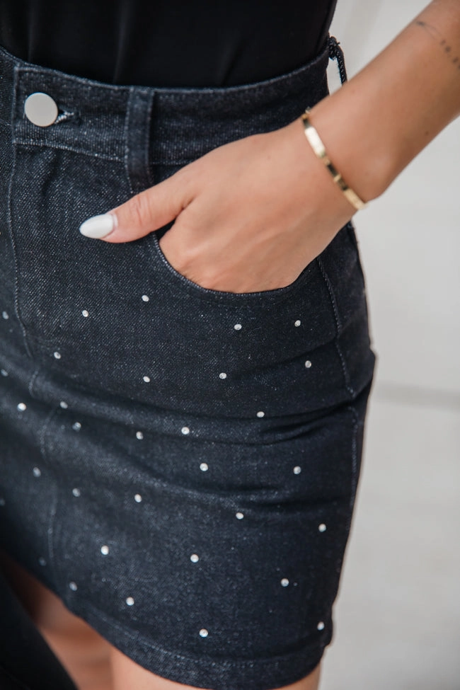Got Your Attention Black Rhinestone Studded Denim Skirt