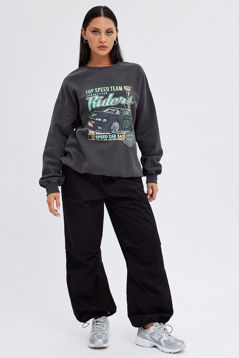 Grey Sweater Long Sleeve Round Neck Printed