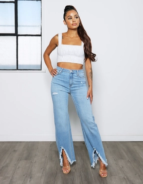 High Rise Wide Leg Chewed Hem Denim Jeans