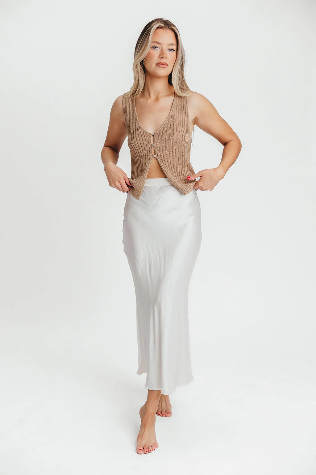 Kimberley Satin Long Midi Skirt in Champagne