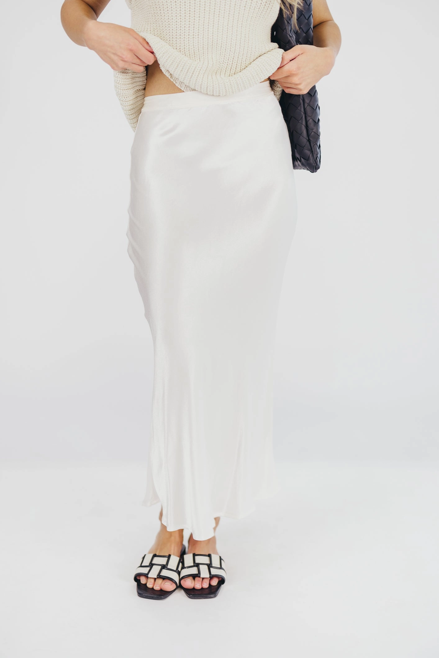 Kimberley Satin Long Midi Skirt in Champagne