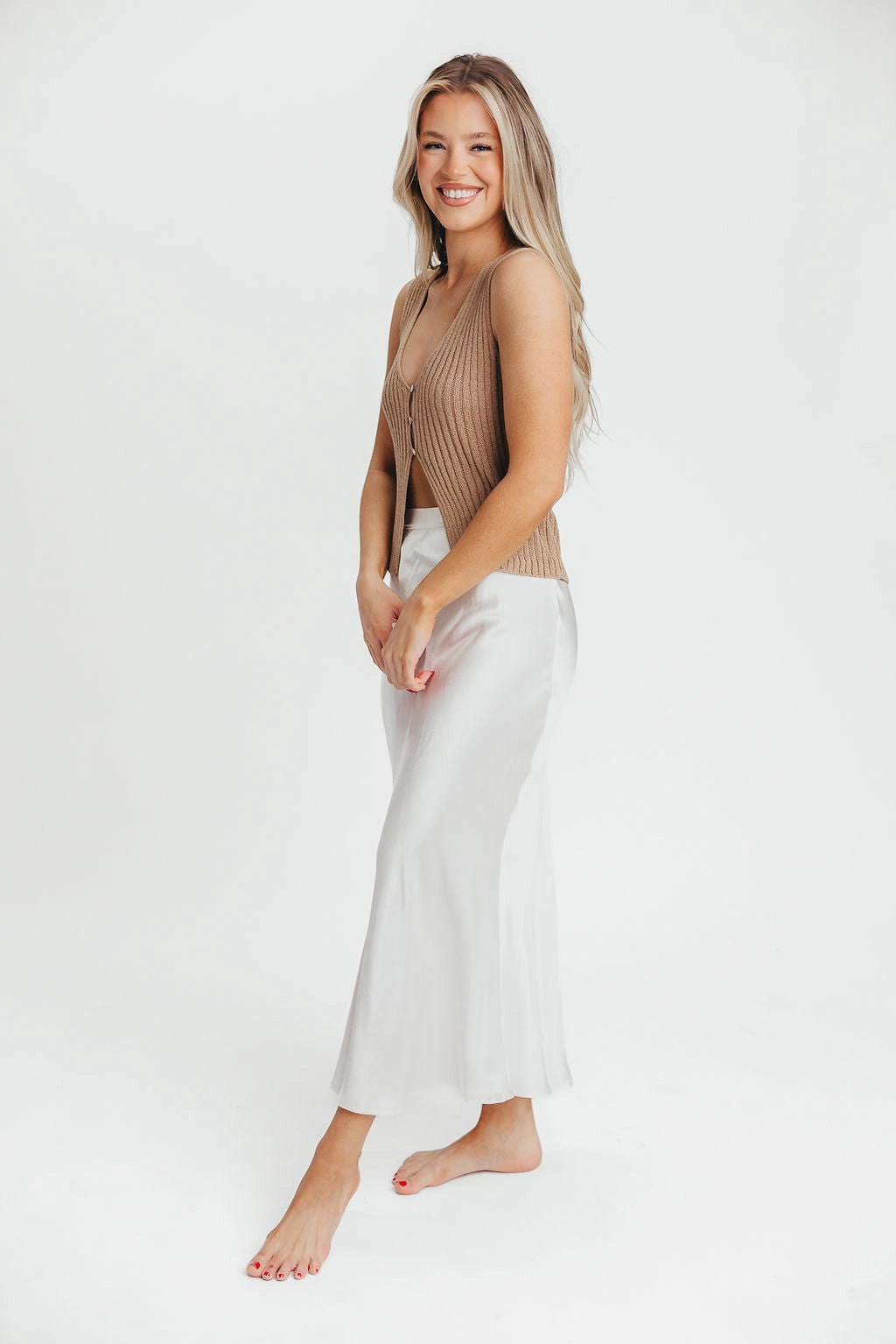 Kimberley Satin Long Midi Skirt in Champagne