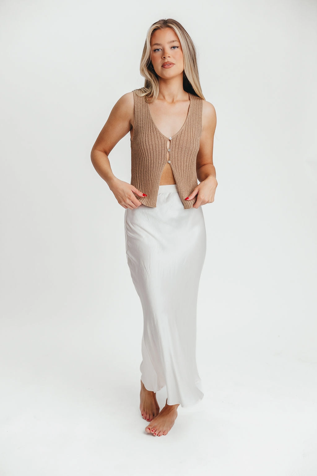 Kimberley Satin Long Midi Skirt in Champagne