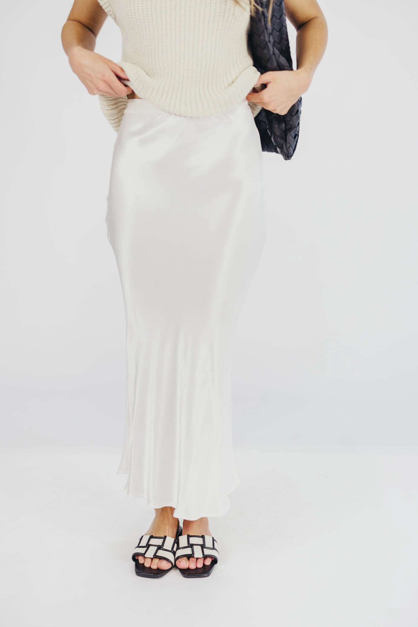 Kimberley Satin Long Midi Skirt in Champagne