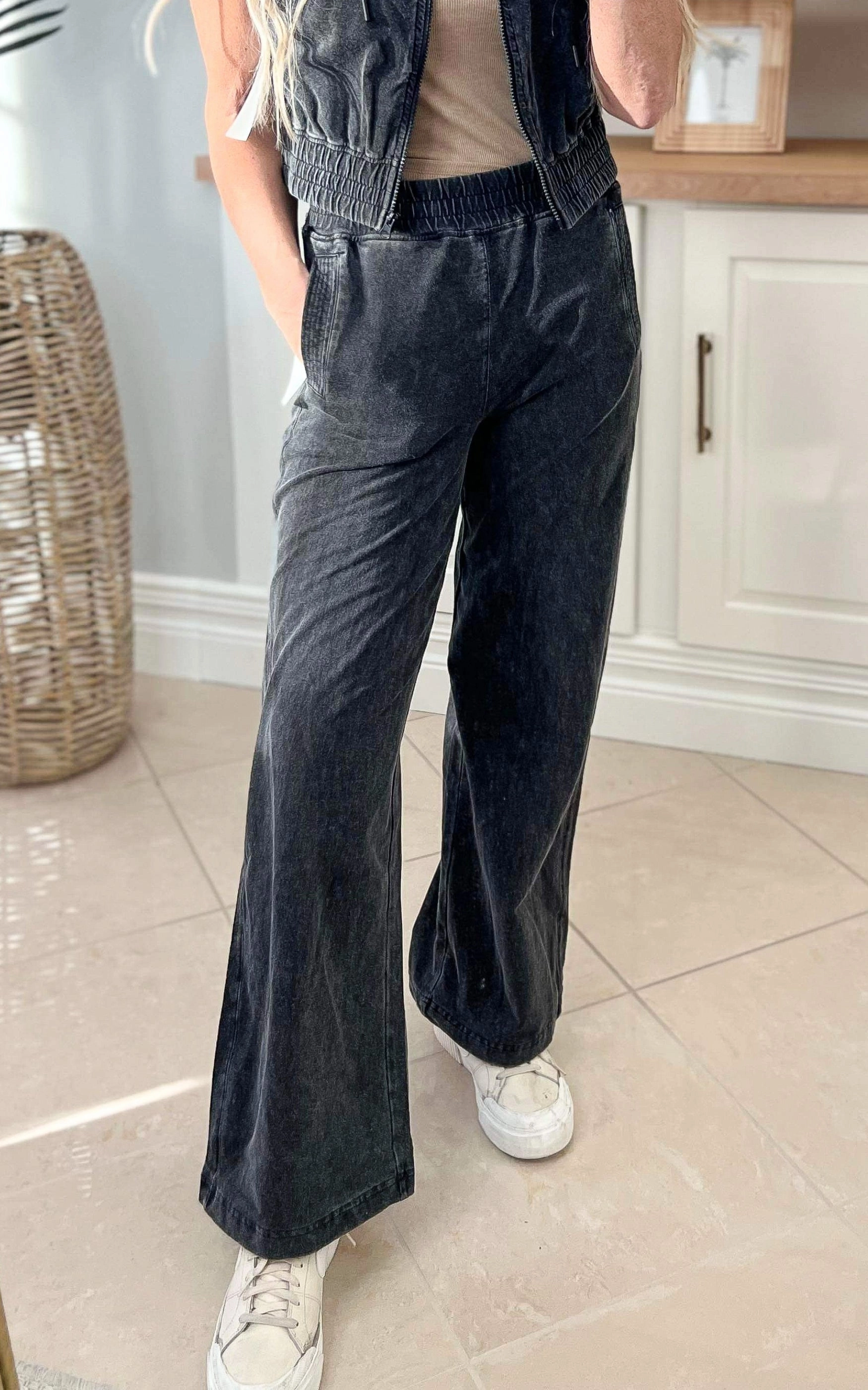 MONO B Black Mineral Washed French Terry Wide Leg Pants - Final Sale