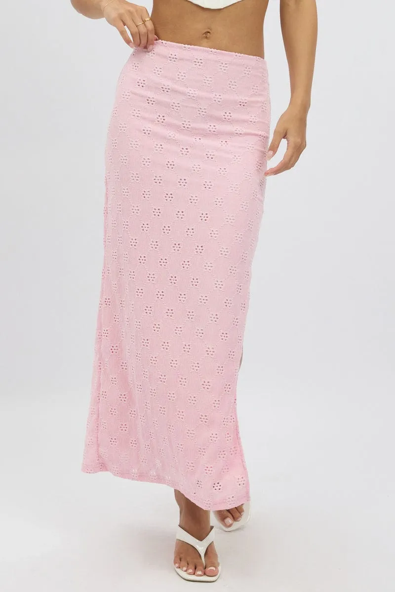 Pink Midaxi Skirt High Rise Stretch Eyelet