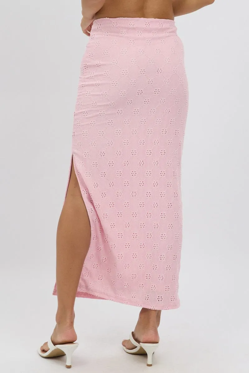 Pink Midaxi Skirt High Rise Stretch Eyelet