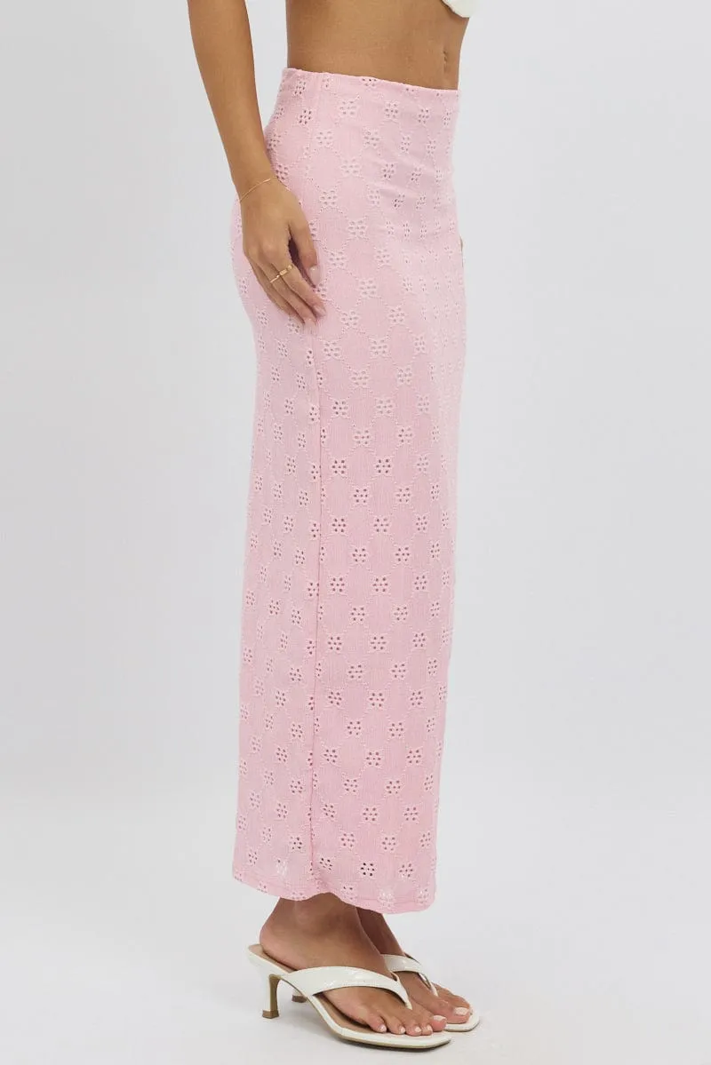 Pink Midaxi Skirt High Rise Stretch Eyelet