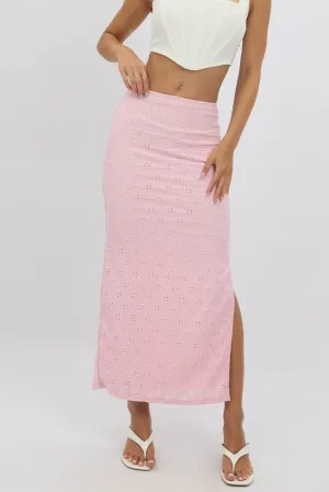 Pink Midaxi Skirt High Rise Stretch Eyelet