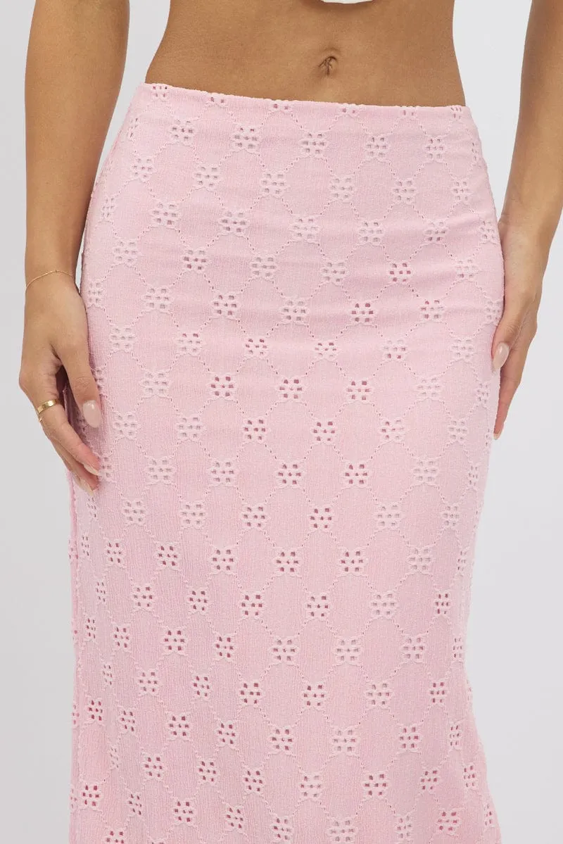 Pink Midaxi Skirt High Rise Stretch Eyelet