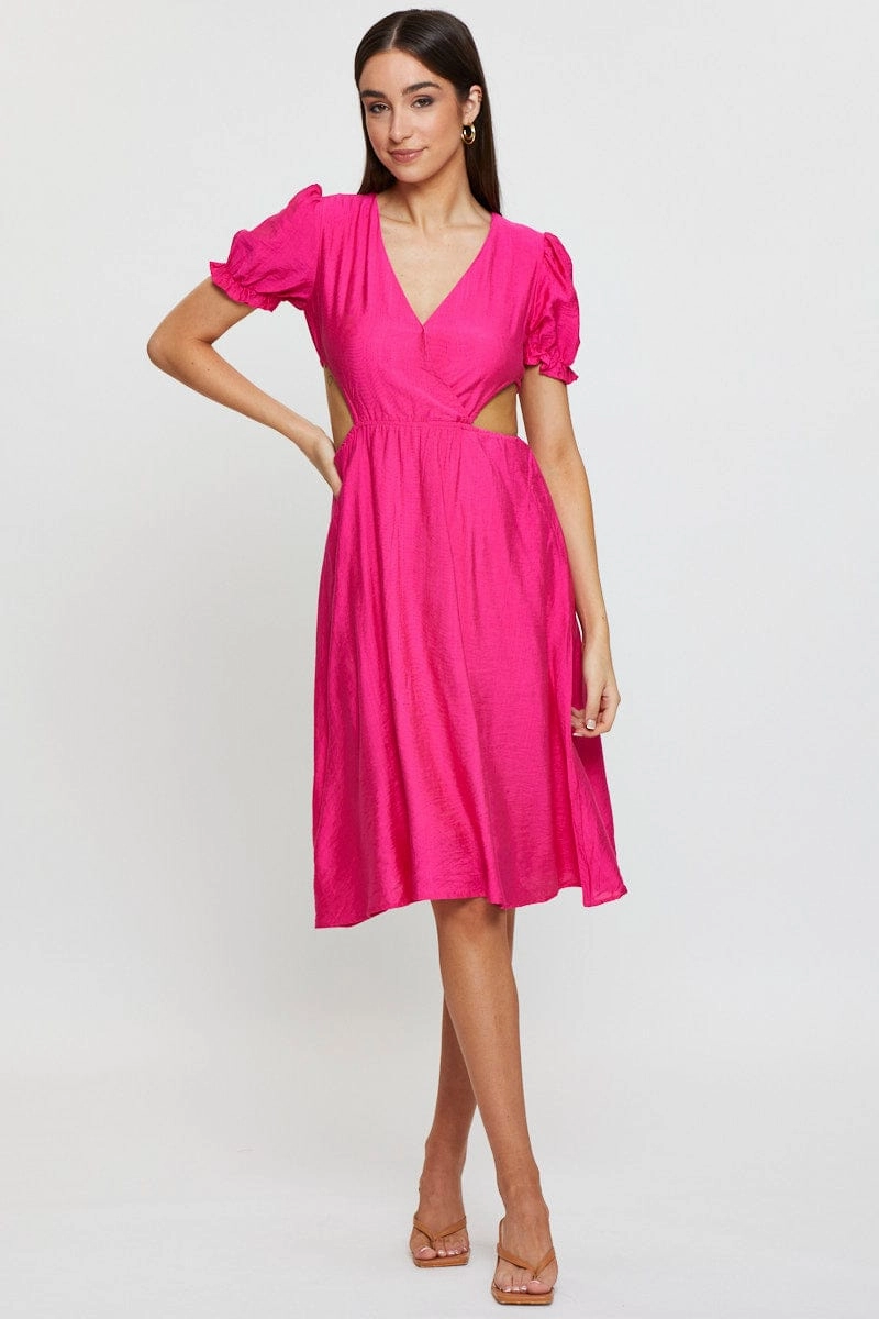 Pink Midi Dress Short Sleeve V Neck