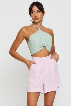 Pink Mini Shorts High Rise Linen Blend