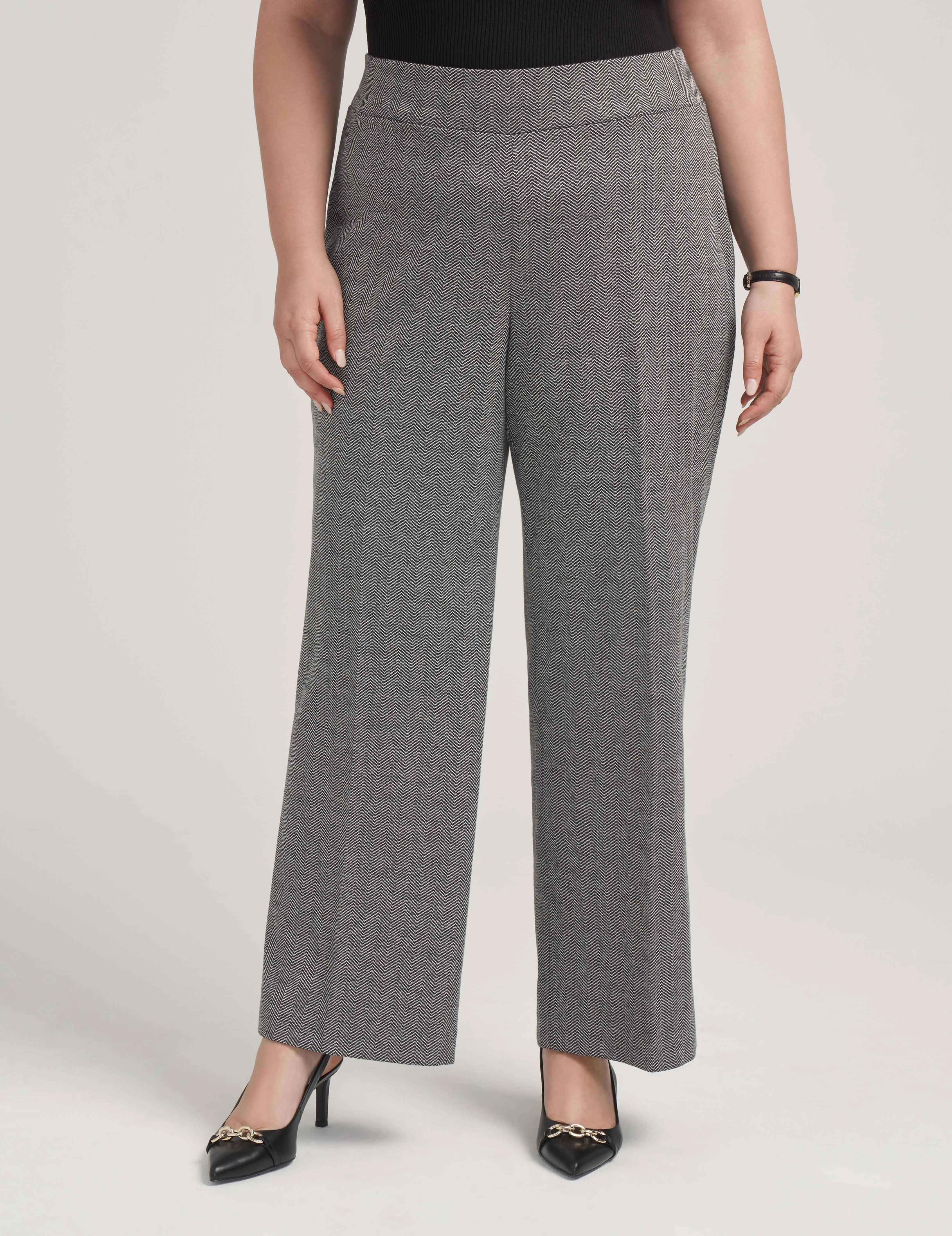 Plus Size Herringbone Pull On Wide Leg Pants- Sale