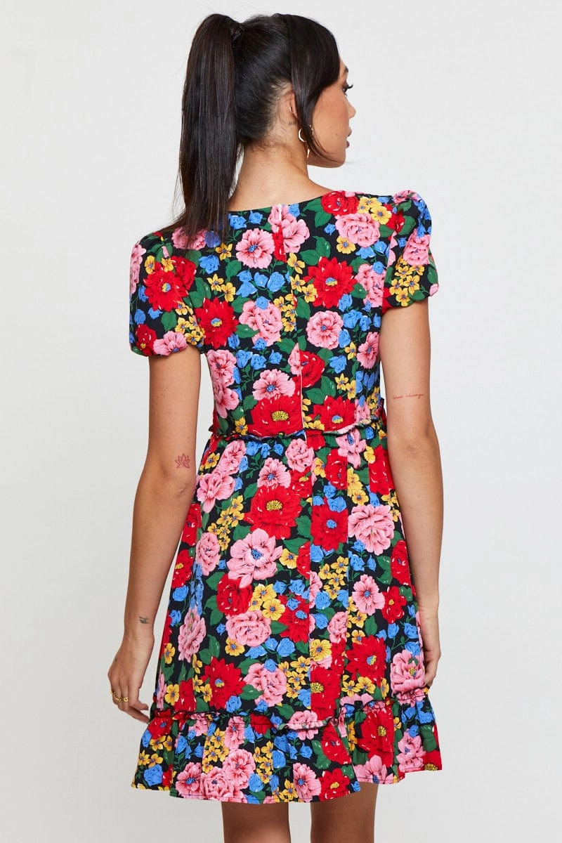 Print Fit And Flare Dress Short Sleeve V Neck