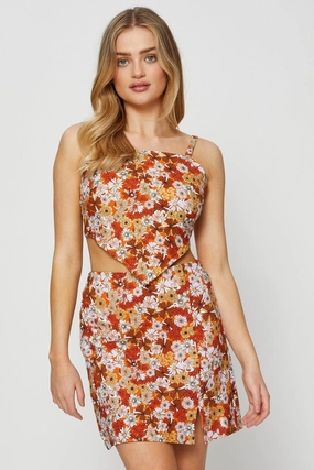 Print Linen Blend Floral Print Front Split Mini Skirt
