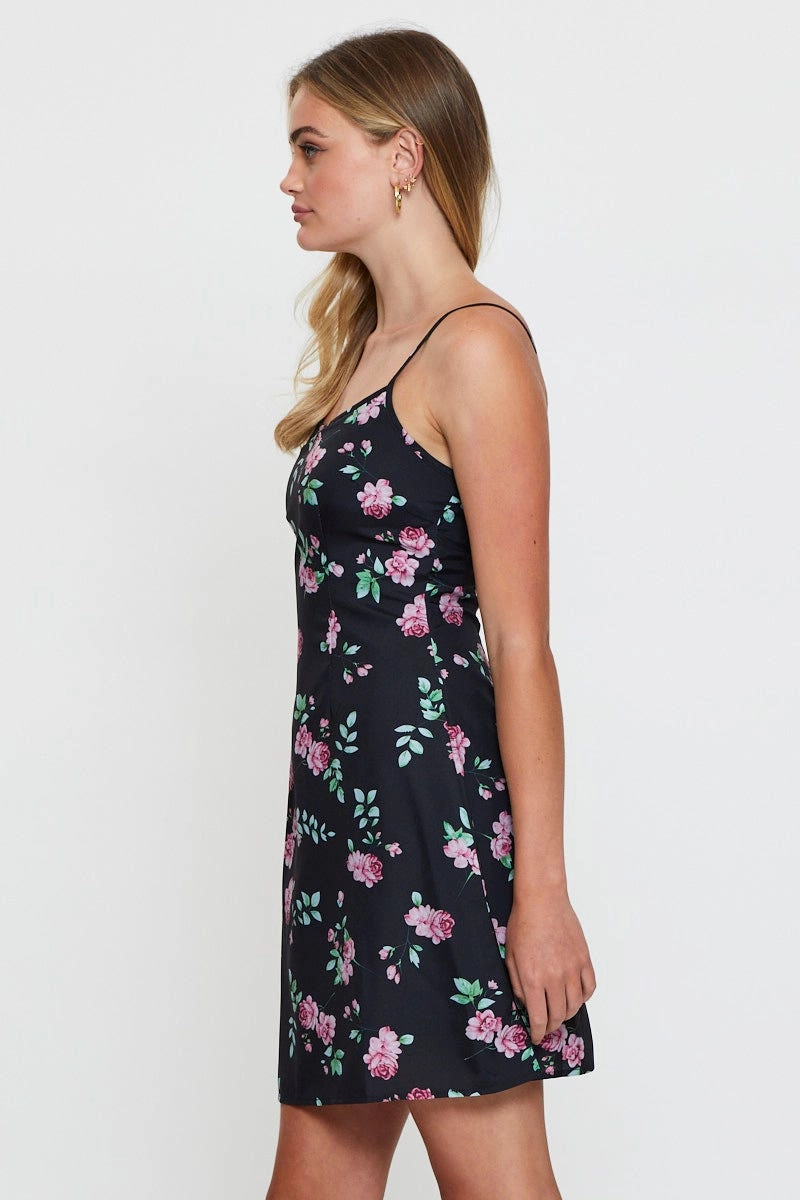 Print Mini Dress Sleeveless Square Neck