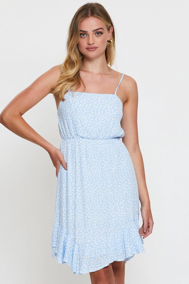 Print Mini Dress Sleeveless Square Neck