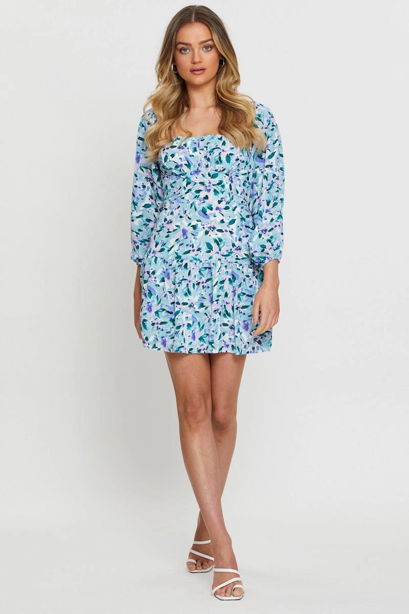 Print Mini Dress Square Neck