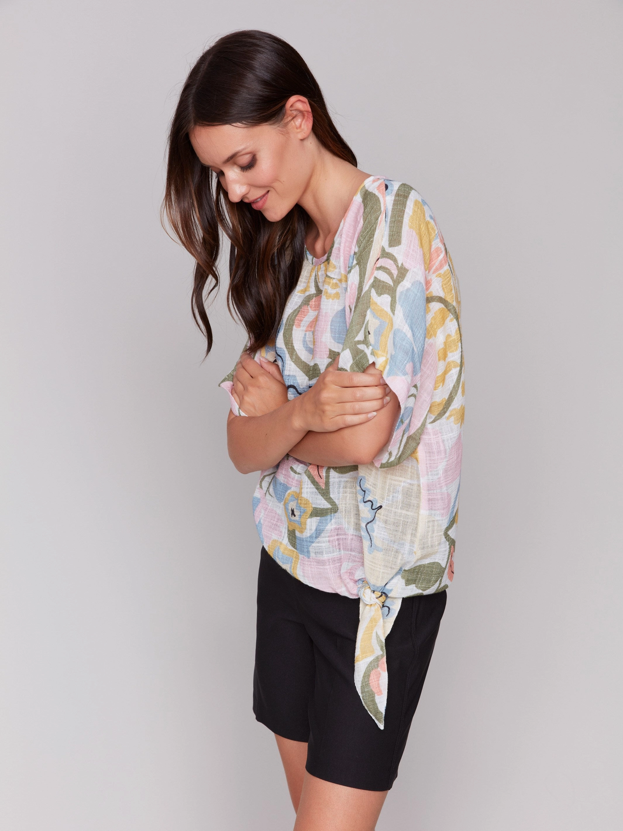 Printed Cotton Gauze Blouse with Side Tie - Pastel