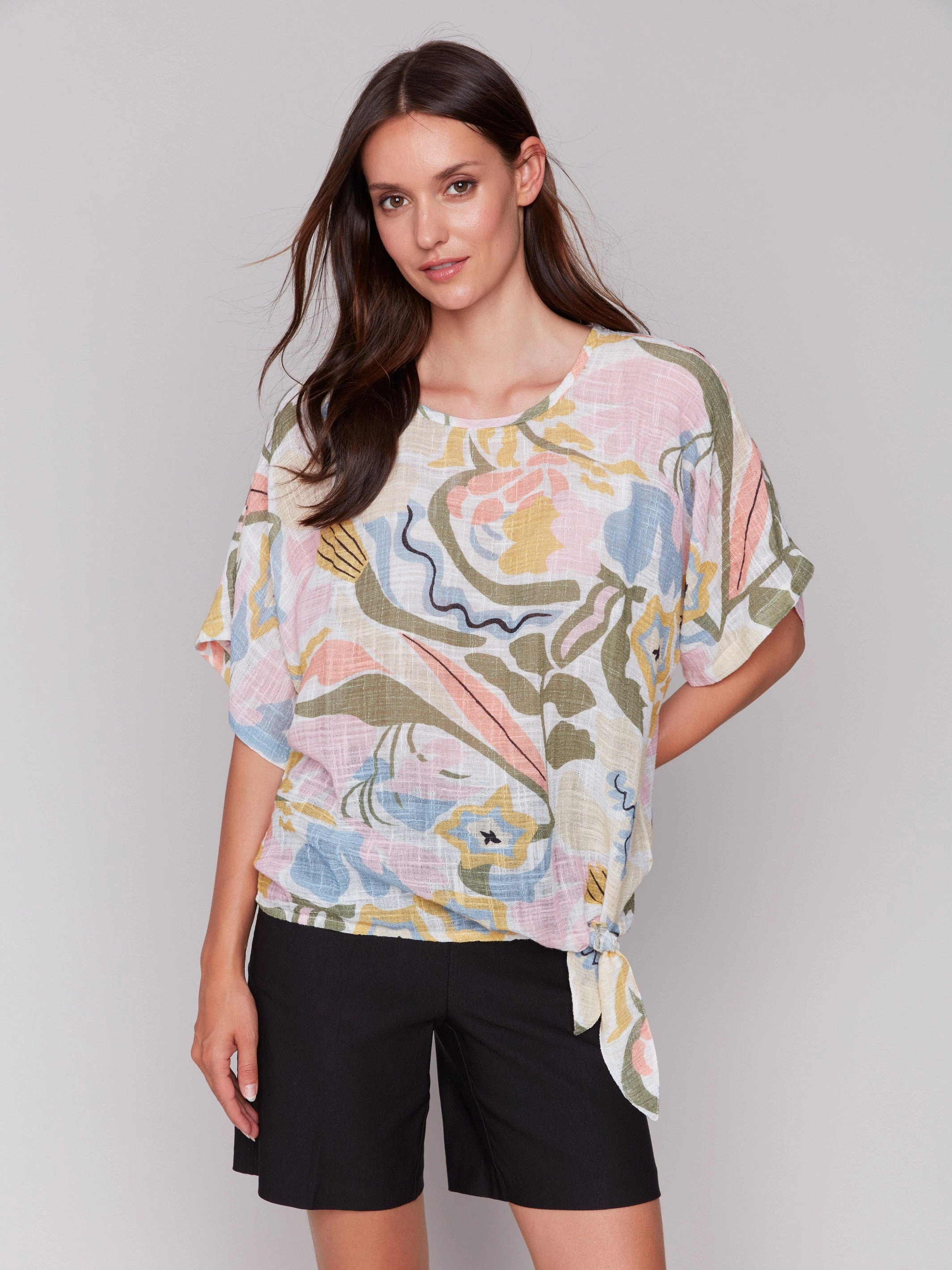Printed Cotton Gauze Blouse with Side Tie - Pastel