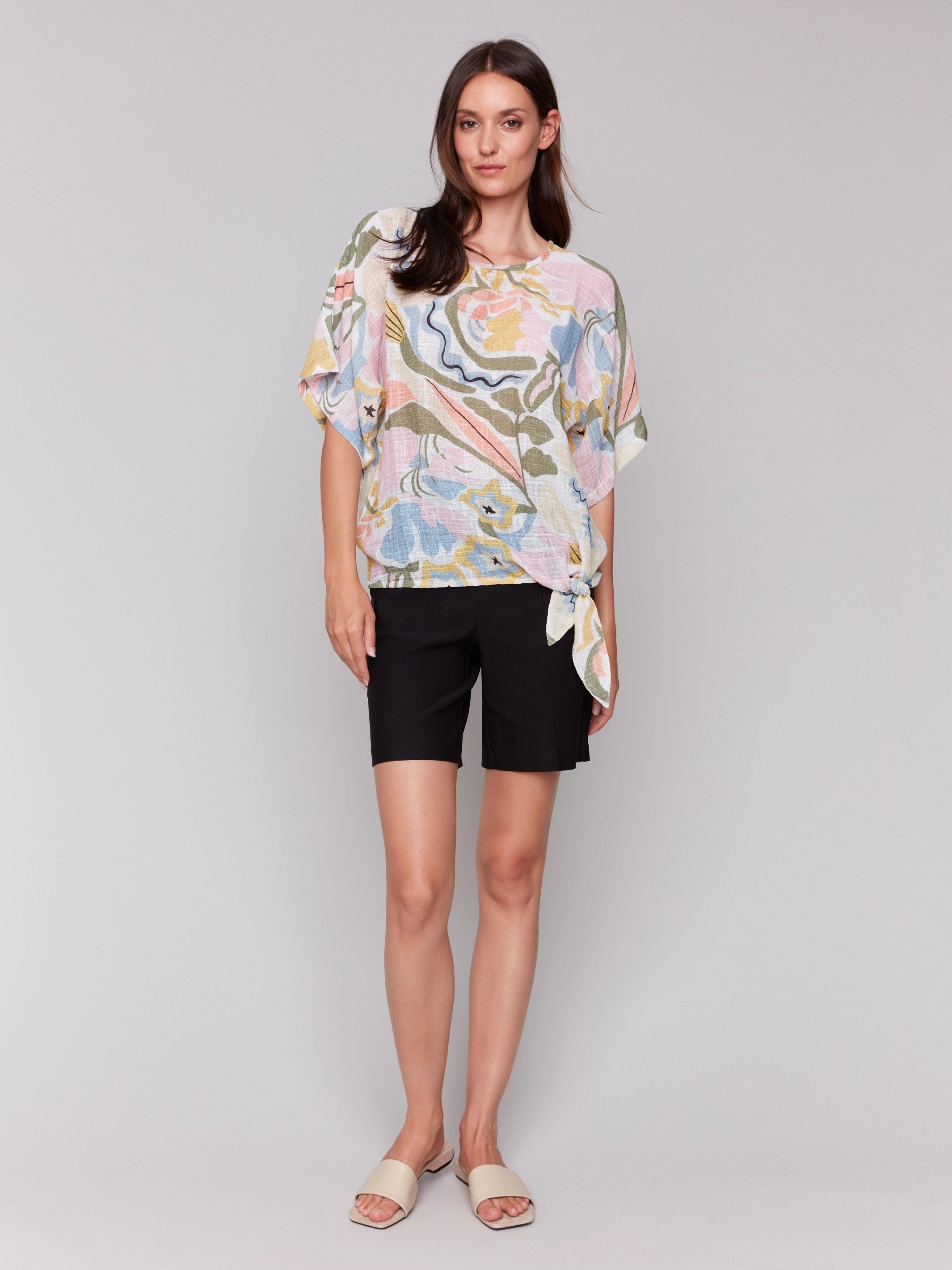 Printed Cotton Gauze Blouse with Side Tie - Pastel