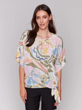 Printed Cotton Gauze Blouse with Side Tie - Pastel
