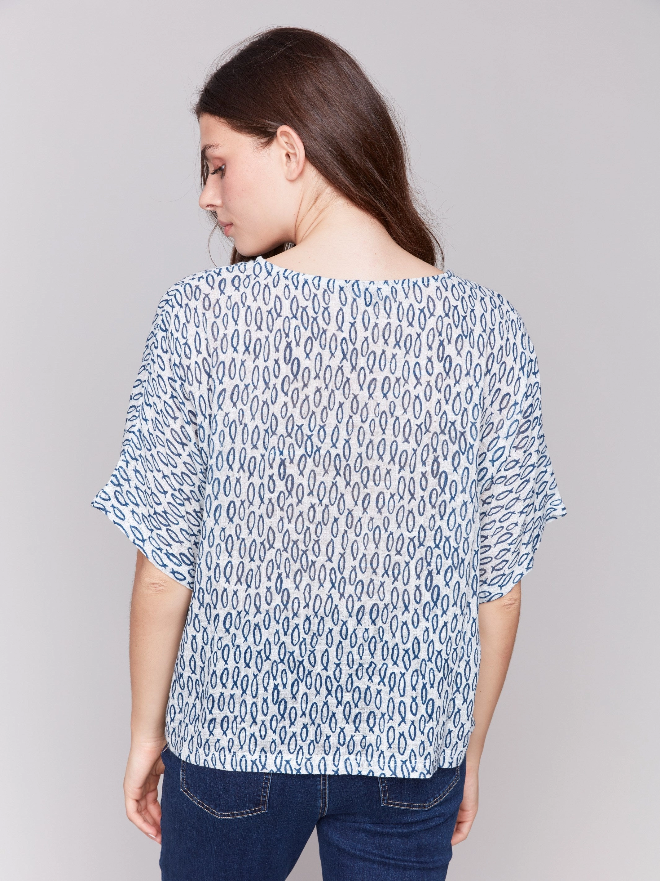 Printed Cotton Gauze Dolman Blouse - Fish