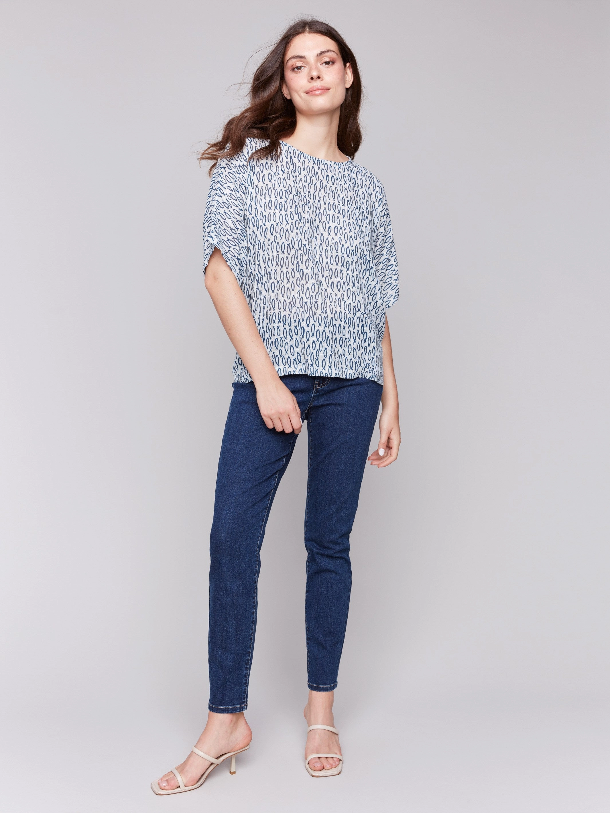 Printed Cotton Gauze Dolman Blouse - Fish