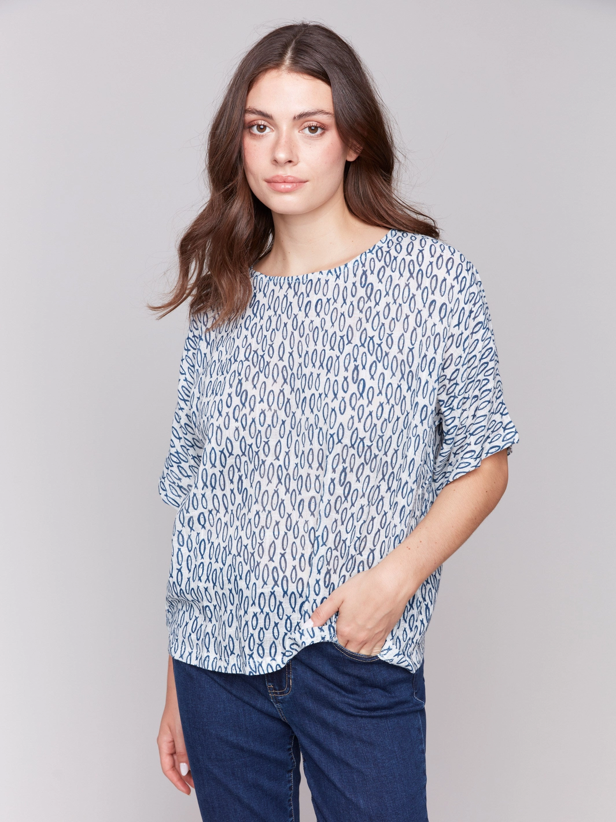 Printed Cotton Gauze Dolman Blouse - Fish