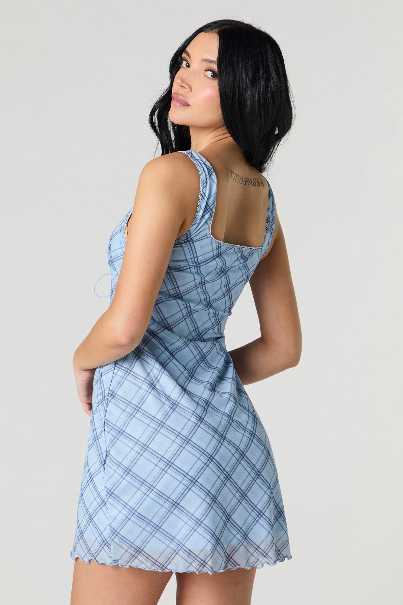 Printed Mesh Tie Front A-Line Mini Dress