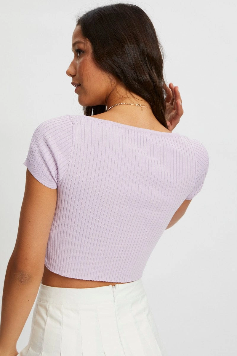 Purple Short Sleeve Rib Knit Scoop Neck Button Detail Cro