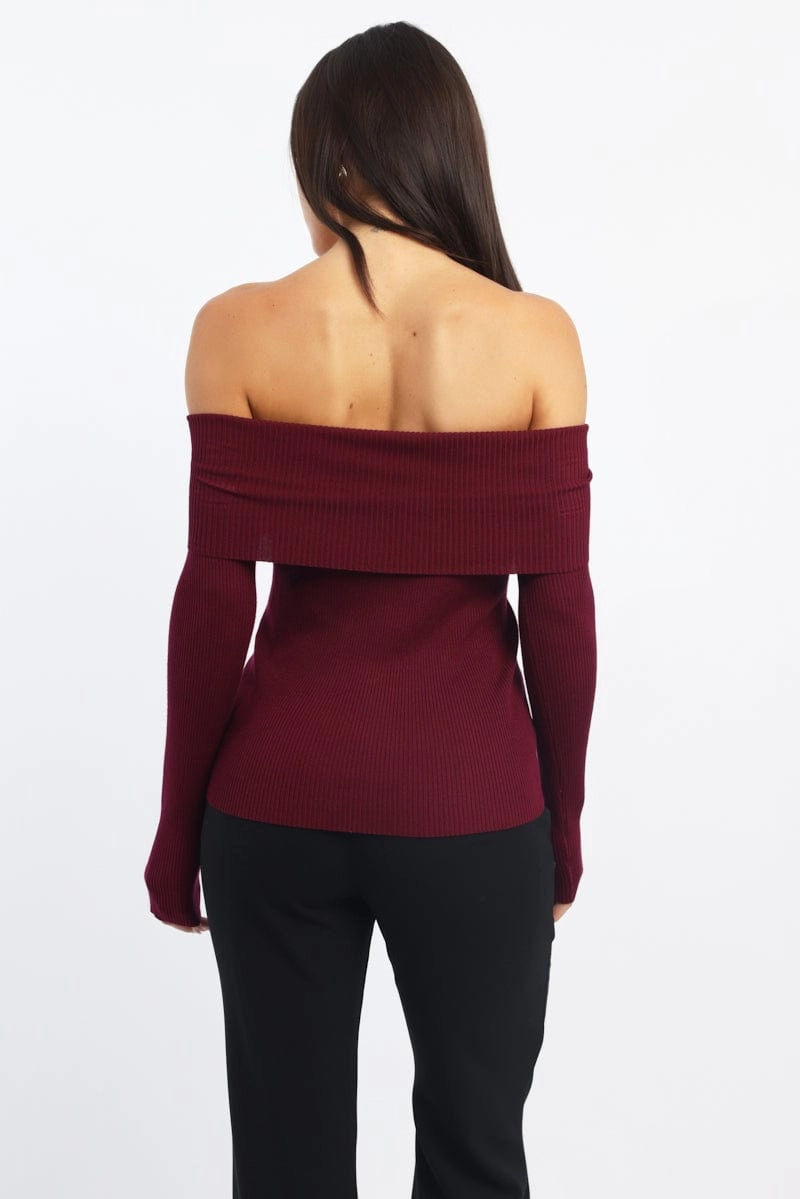 Red Knit Cardigan Long Sleeve Bardot