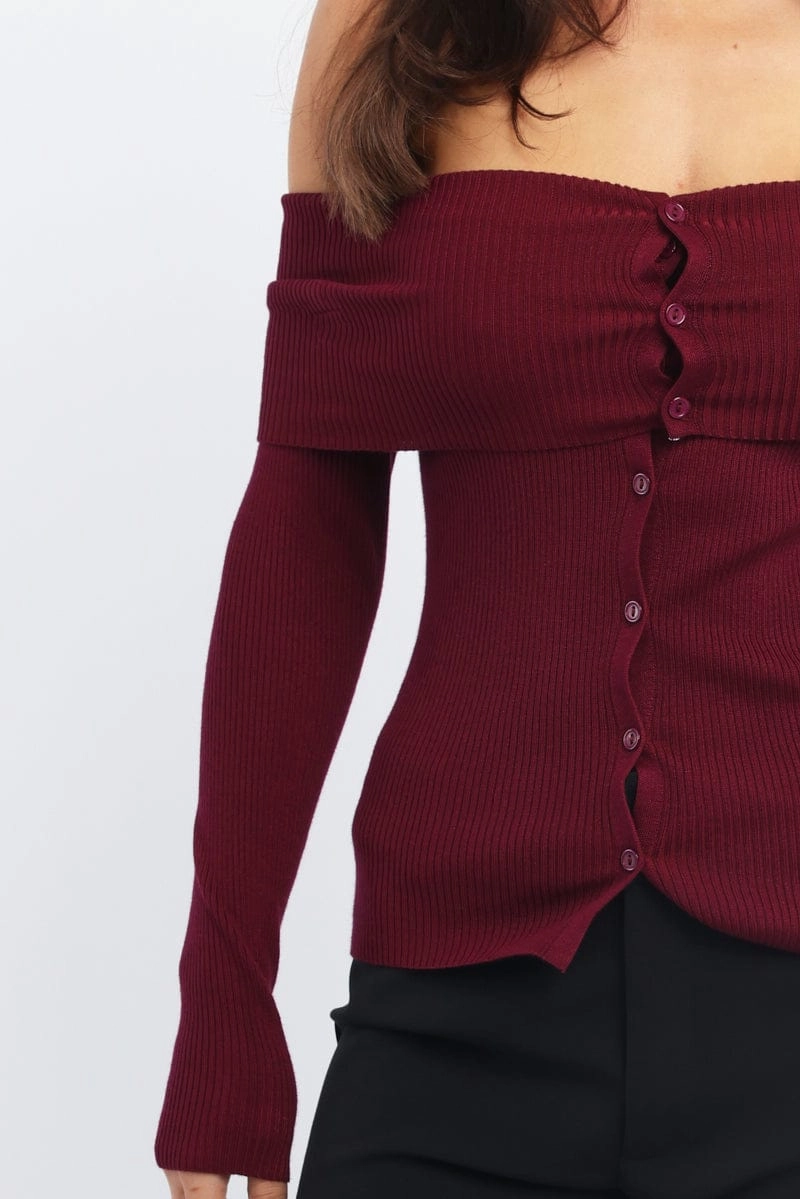 Red Knit Cardigan Long Sleeve Bardot