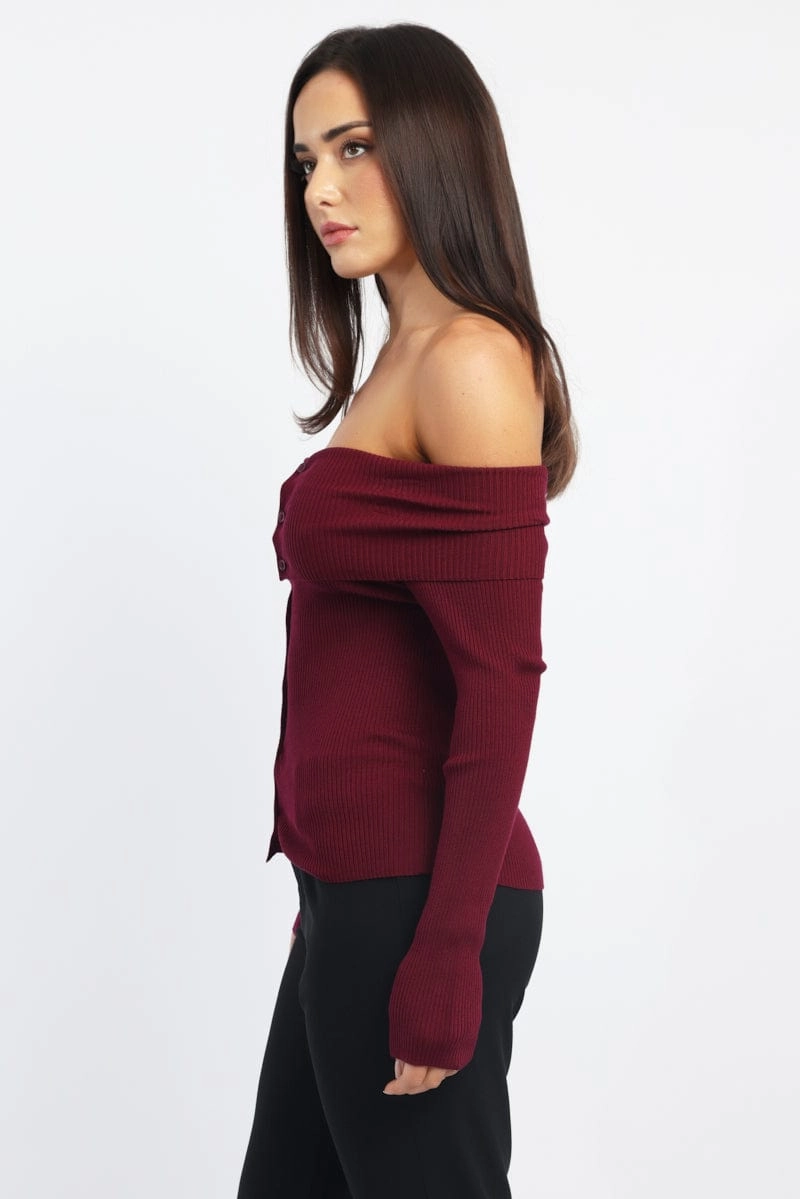 Red Knit Cardigan Long Sleeve Bardot