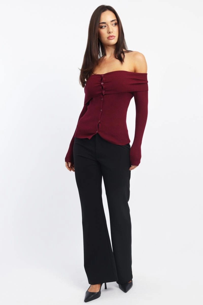 Red Knit Cardigan Long Sleeve Bardot