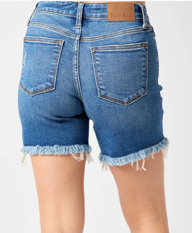 The Avery Mid Rise Destroy Fray Hem Denim Shorts (REG/CURVY) | Judy Blue - Final Sale