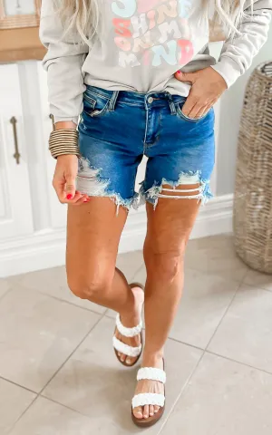 The Avery Mid Rise Destroy Fray Hem Denim Shorts (REG/CURVY) | Judy Blue - Final Sale