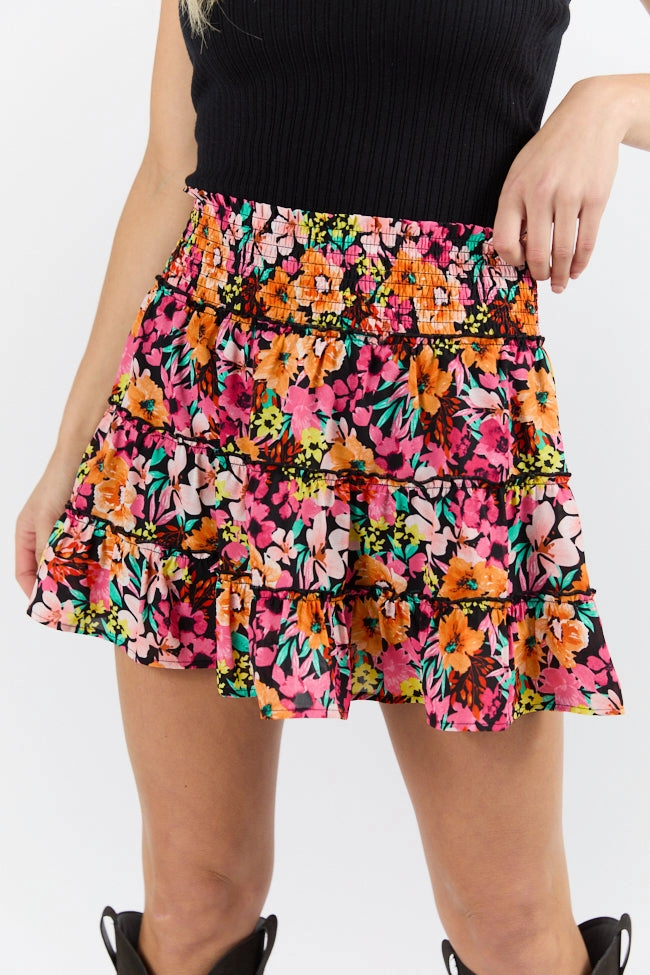 Through The Garden Black Multi Color Floral Mini Skort SALE