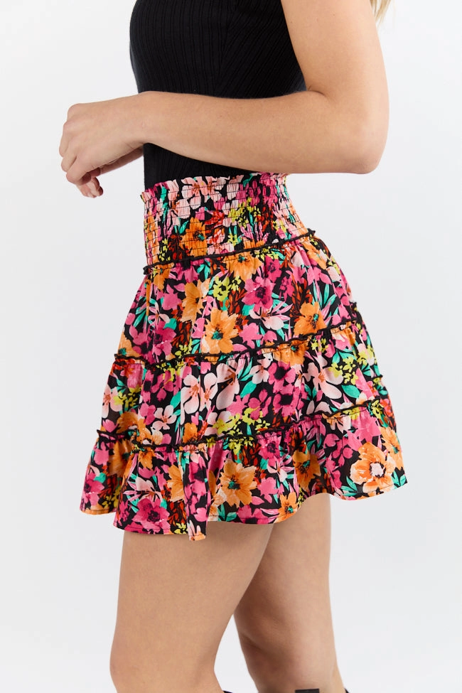 Through The Garden Black Multi Color Floral Mini Skort SALE