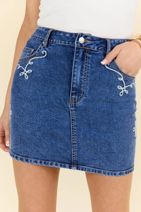 Treble Maker Embroidered Denim Skirt