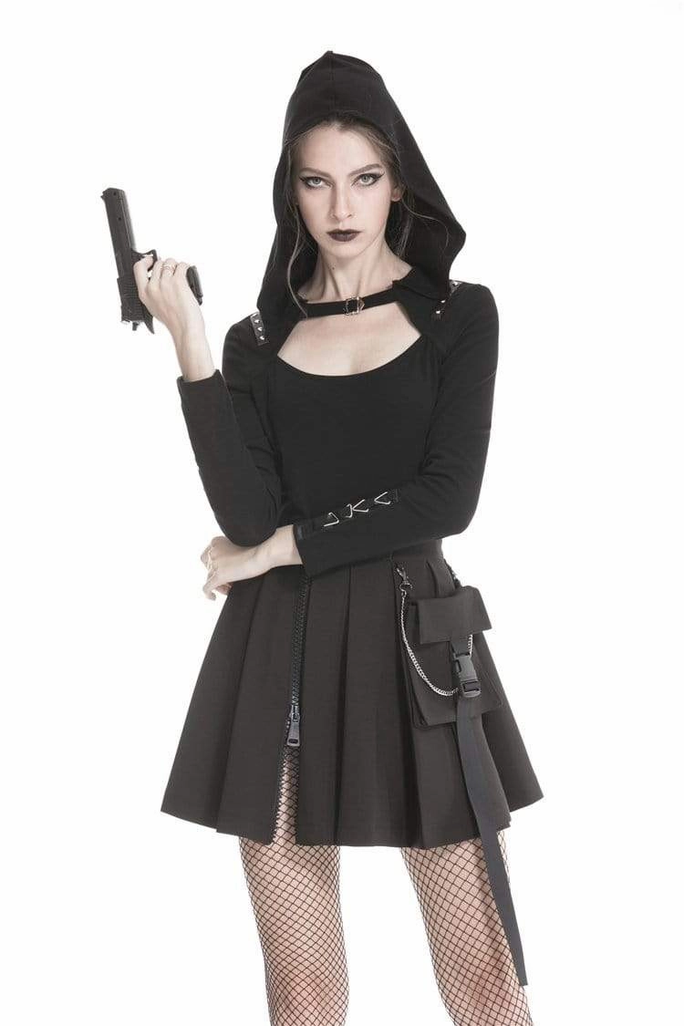 Women's Gothic Black Pleated Mini Skirt With Waist Pocket