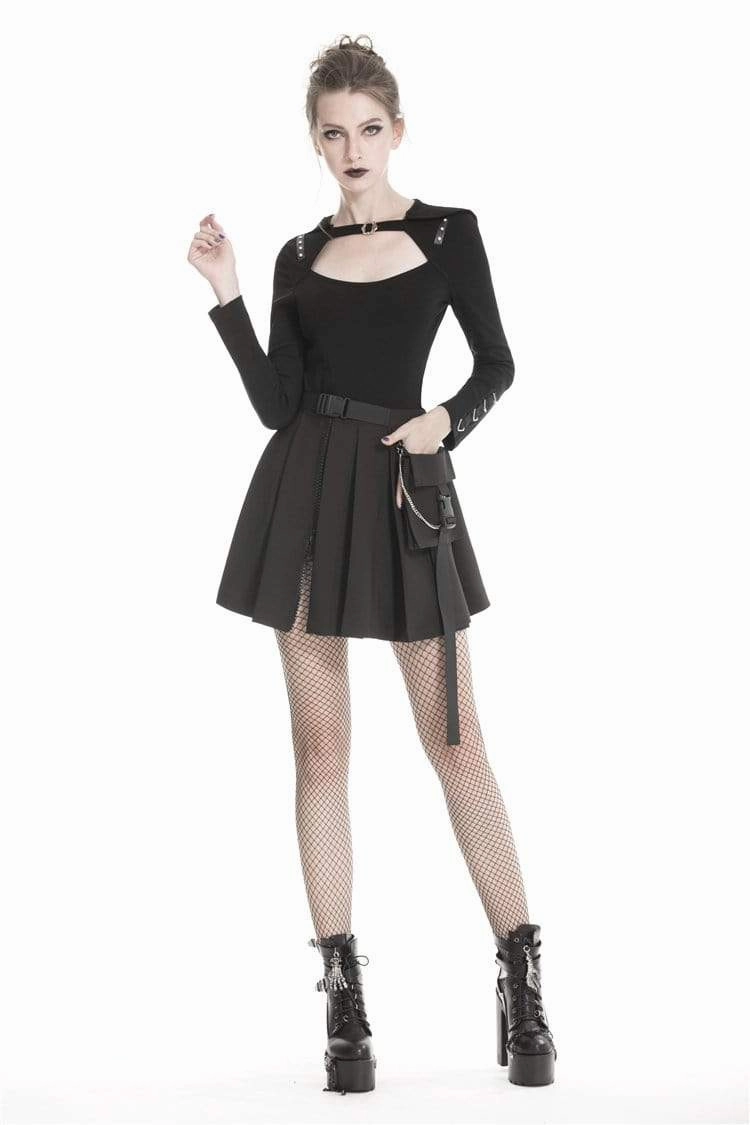 Women's Gothic Black Pleated Mini Skirt With Waist Pocket