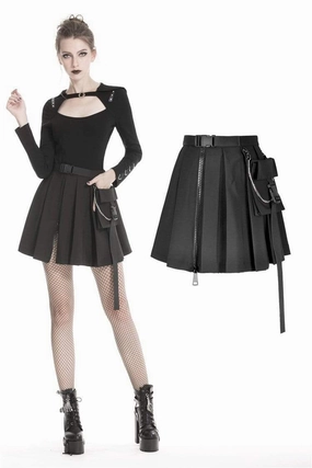 Women's Gothic Black Pleated Mini Skirt With Waist Pocket