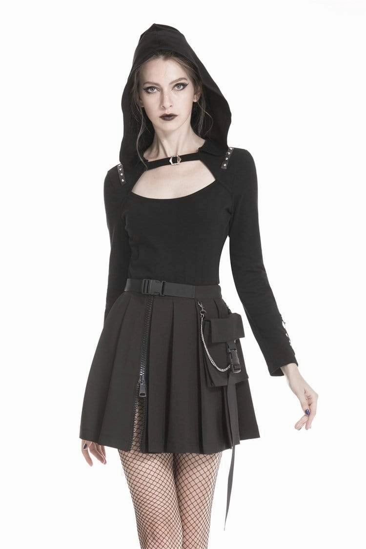 Women's Gothic Black Pleated Mini Skirt With Waist Pocket