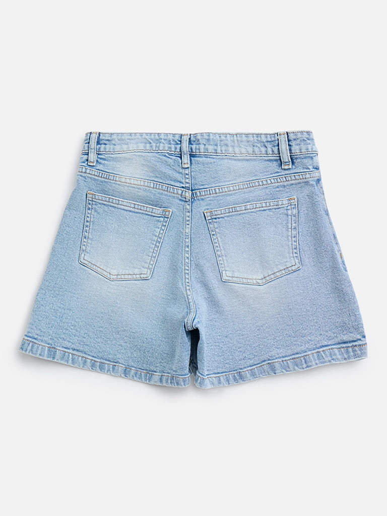 Y&F Kids Light Blue Floral Embroidered Denim Skorts